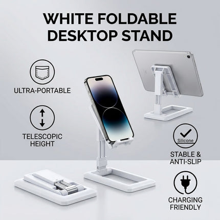 White Foldable Adjustable Universal Desk Stand Holder For Mobile Phone Tablet Portable