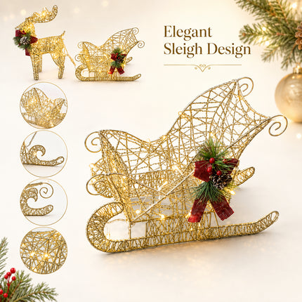 2-Piece LED Christmas Reindeer & Sleigh Solar-Powered Lighted Metal Frame Yard Decoration Set