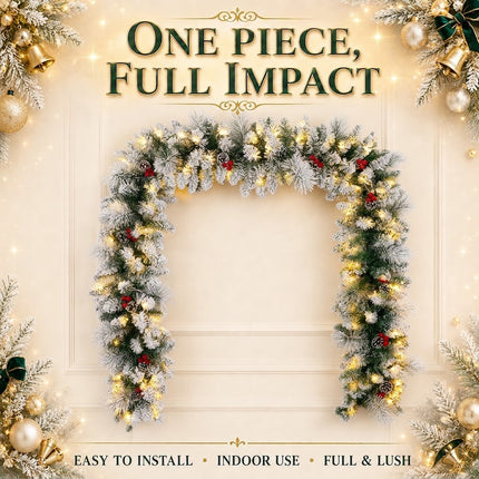 270cm Lush Snow Flocked Christmas Garland Pre-Lit LED Berry Pinecone Battery
