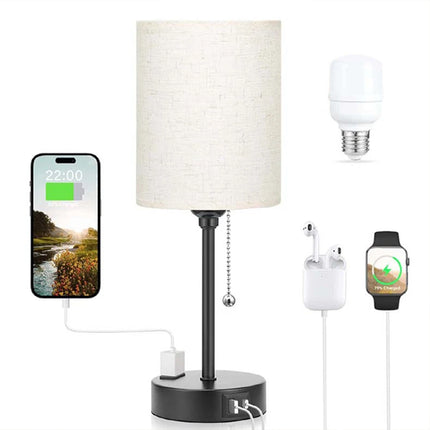 2 PACK Bedside Lamps Linen Table Light USB Port 3 Way Dimmable Pull Chain Switch Beige 2Pcs