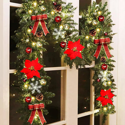 2.7M Christmas Garland with Lights / Flower /Pinecone Xmas Home Stairs Fireplace Red with Lights