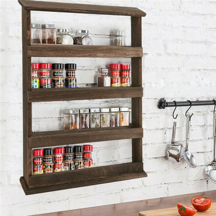 Vintage Wooden 4-Tier Spice Rack Wall Hanging Shelf Kitchen Storage Jars Stand