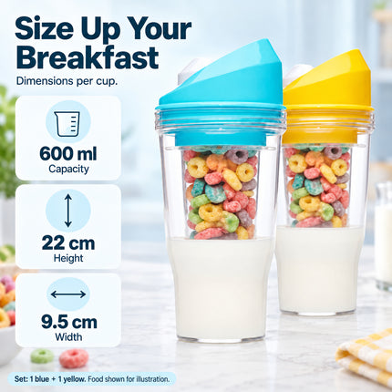2 Set 600ml Cereal Cup with Milk Compartment Portable Breakfast Cup