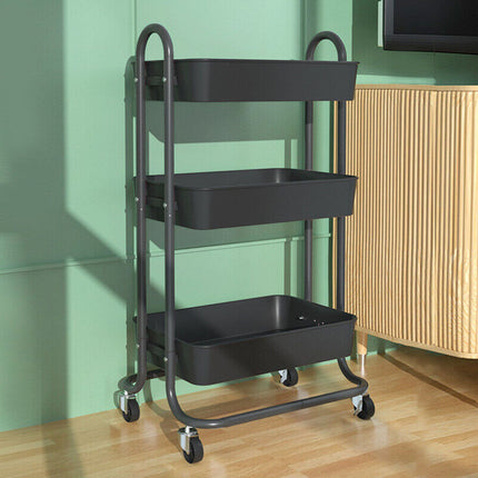 3 Tiers Kitchen Storage Trolley Cart Steel Rack Shelf Organiser Wheels Black