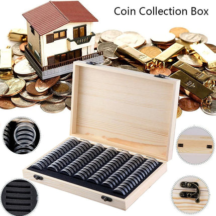 100PCS Coin Capsules Storage Box with Wooden Case Holder Collection Display Tool