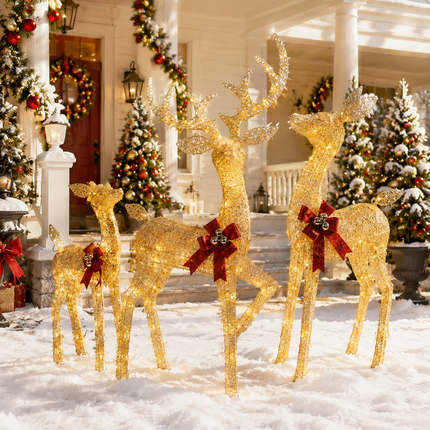 3-Piece Lighted Reindeer Family Christmas Decoration Set 210 Warm White LED Stag Doe Fawn with Solar Panel & AU Plug Detachable Champagne White Glitter Indoor Covered Outdoor Xmas Display