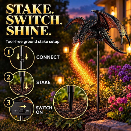 Solar Dragon Fire Garden Light Stake with Glowing Fiber-Optic Flamese Decor