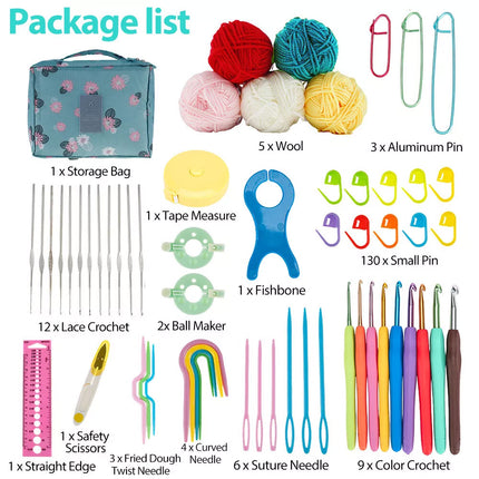 179Pcs Beginner Crochet Hooks Kit 5 Roll Yarn Knitting Needles Sewing Tools Set