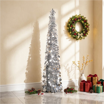 Foldable Christmas Tree Retractable Tinsel Tree Holiday Decor Silver
