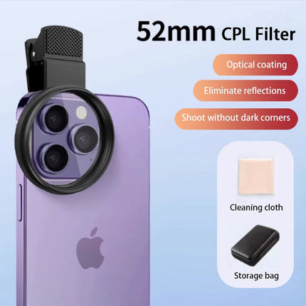 52mm Clip On CPL Filter Phone Circular Polarizing Lens with Storage Case