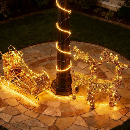 Solar-Powered Set of 3 Christmas Decoration Reindeer and Sleigh LED Yard Xmas