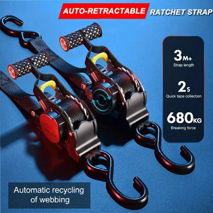 2PCS Automatic Retractable Ratchet Tie-Down Straps Self Retracting Straps