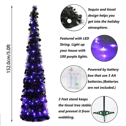 5ft Christmas Black Tree Xmas Home Decor With 100 Lights For Halloween Christmas
