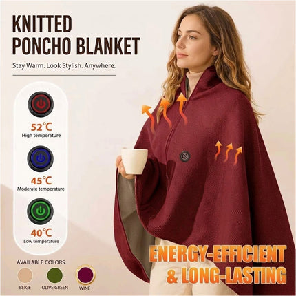 USB Electric Warming Throw Blanket Portable Poncho Shawl -Wine Red