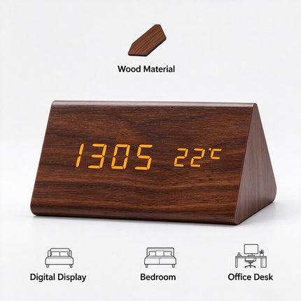 Digital Alarm Clock Wooden Table Desk Bedside LED Clock with Temperature Display
