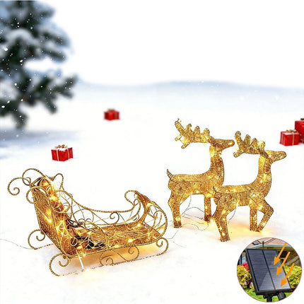 Solar-Powered Set of 3 Christmas Decoration Reindeer and Sleigh LED Yard Xmas