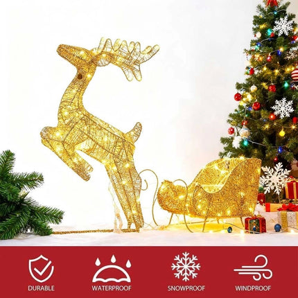 Christmas Lighted Reindeer & Sleigh Solar Powered LED Lights Xmas Decoration