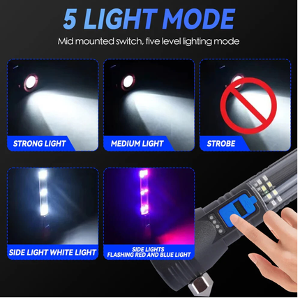 Solar Power LED Flashlight Rechargeable Torch USB Charge Compass Hammer Cutter