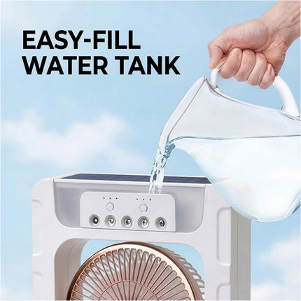 Portable Solar Air Cooler Fan with Humidifier Bluetooth Speaker and Camping Light