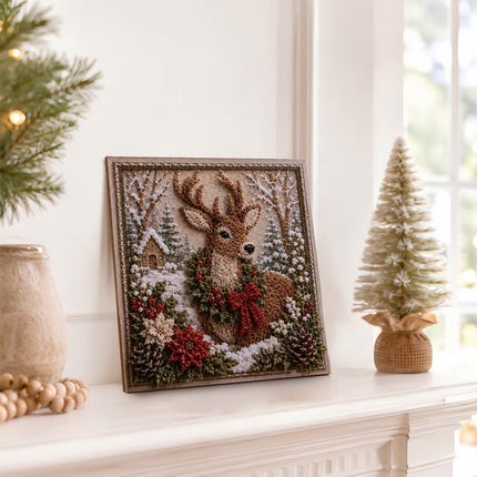 3D Christmas Fabric Poke Art Kit, DIY Punch Craft Set with Frame Decor Deer Set