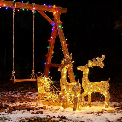Solar-Powered Set of 3 Christmas Decoration Reindeer and Sleigh LED Yard Xmas
