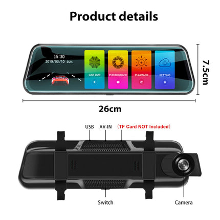 10 Inch Dash Camera Rear View Mirror Full HD 1080P Dual Lens Loop Recording Pro
