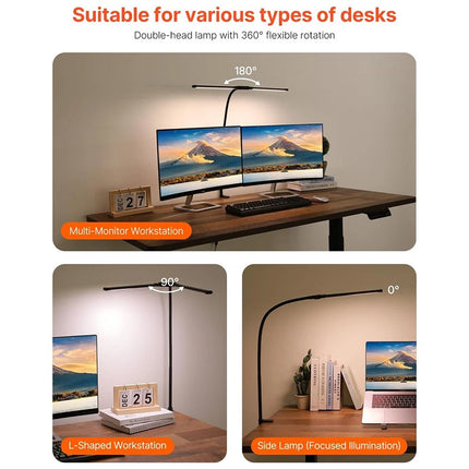 LED Desk Lamp with Clamp Extra Width Double Head Desk Lamp for Home Office