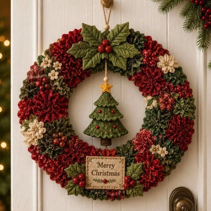 3D Fabric Christmas Wreath 30CM DIY Xmas Garland Baubles Ornaments Party Decor Tree