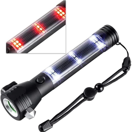 Solar Power LED Flashlight Rechargeable Torch USB Charge Compass Hammer Cutter