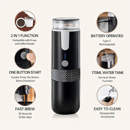 Portable Electric Espresso Maker with K Cup Capsules for Office Travel Camping