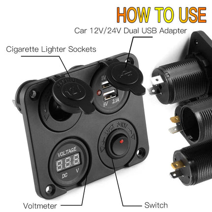 12V Switch Panel Car Cigarette Lighter Socket + Dual USB Port Charger +Voltmeter