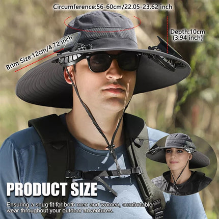 Fishing Sun Hat with 2 Solar Fan Wide Brim Outdoor Breathable Summer Travel Hot    （Dark Gray】2*Fan+Hat）