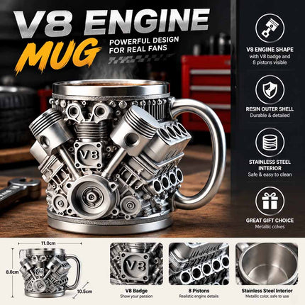 Retro V8 Engines Stainless Steel Cup Insulation Car Mug Gifts for Men and Boys