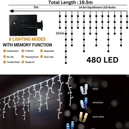 480 LED 14.5m Blue & White Solar Icicle Christmas Lights with 8 Functions