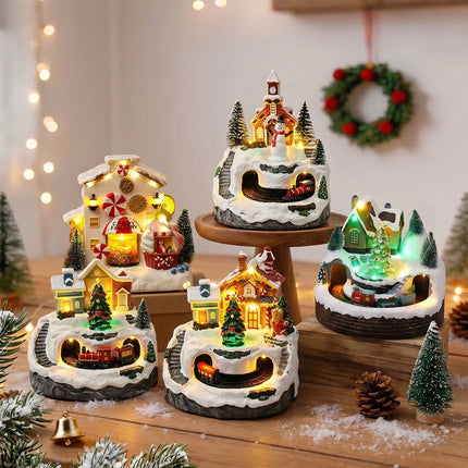 Resin Christmas Village House with Musical Light-Up Train & LED Lights