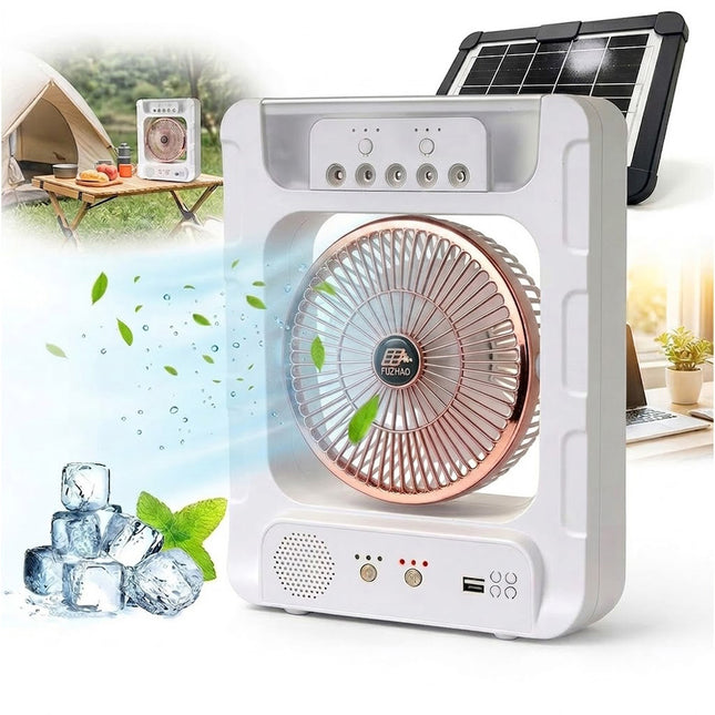 Portable Solar Air Cooler Fan with Humidifier Bluetooth Speaker and Camping Light