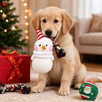 Snowman Christmas Dog Toy Set with Durable Cotton Rope and Soft Plush Ball Chew Toys