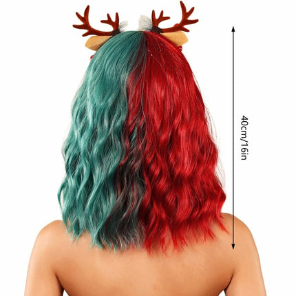 Christmas Wig Red and Green Wig Short Wavy Fun Wigs with Bangs Curly Bob Wigs