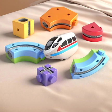 Flexible Rail Car Racing Track Set, Train Rail Cube Assembly Race Game Railway Building Kit