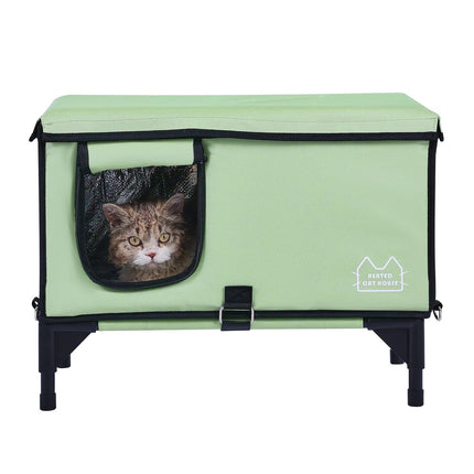 Elevated Heated Cat House Cuboid Kitty Shelter with Heated Pad Green