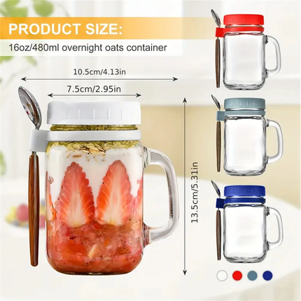 4PCS Overnight Oats Jars Airtight Oat Container 480ML with Mark lines Spoon Lid