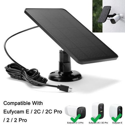 4W Solar Panel For Wireless Camera for Eufy Eufycam Cam With 3m USB Charge Cable Blcack