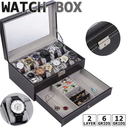 Double Layer Grids Watch Holder Box Carbon Storage Case Jewelry Display Organizer Gift