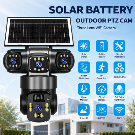 9MP 3-Lens Solar Security Camera Wireless CCTV PTZ Outdoor Surveillance