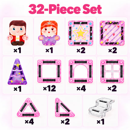 32 Pcs Mini Magnetic Tiles Princess Castle Storage Tin Set Christmas Gift Toy