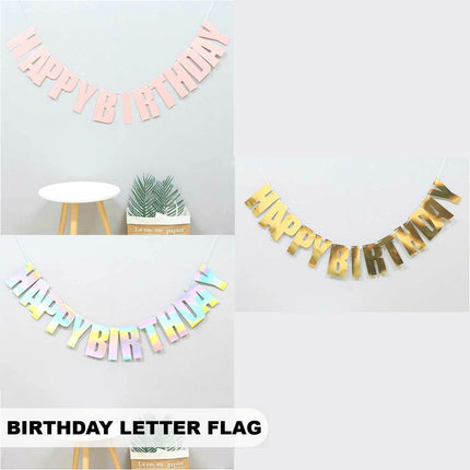3 Pcs Happy Birthday Party Banner Flag Hanging Decoration Bunting Garland Gold Pink Clear