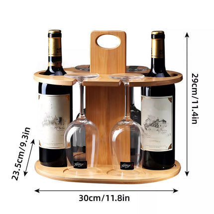 Wooden Wine Rack Free Standing 2Bottles with 4Glasses Holder Bamboo Wine Storage