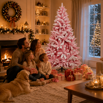 210cm 7FT Pink Snow Flocked Christmas Tree Pre-Lit 350LED Warm White Xmas Decor