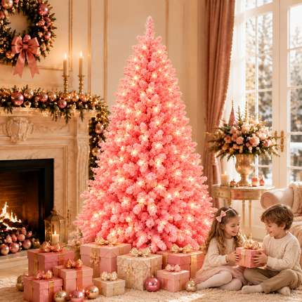 180cm 6FT Pink Snow Flocked Christmas Tree Pre-Lit With LED Light 240 LED Warm White Xmas Decor
