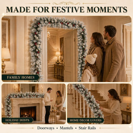 270cm Lush Snow Flocked Christmas Garland Pre-Lit LED Berry Pinecone Battery